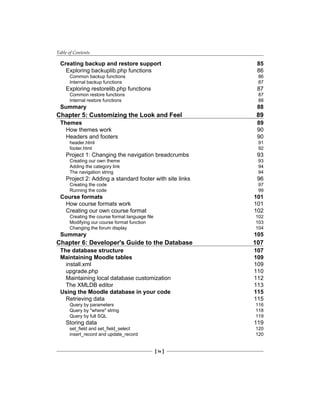 Table of Contents
[ iv ]
Creating backup and restore support 85
Exploring backuplib.php functions 86
Common backup functions 86
Internal backup functions 87
Exploring restorelib.php functions 87
Common restore functions 87
Internal restore functions 88
Summary 88
Chapter 5: Customizing the Look and Feel 89
Themes 89
How themes work 90
Headers and footers 90
header.html 91
footer.html 92
Project 1: Changing the navigation breadcrumbs 93
Creating our own theme 93
Adding the category link 94
The navigation string 94
Project 2: Adding a standard footer with site links 96
Creating the code 97
Running the code 99
Course formats 101
How course formats work 101
Creating our own course format 102
Creating the course format language file 102
Modifying our course format function 103
Changing the forum display 104
Summary 105
Chapter 6: Developer's Guide to the Database 107
The database structure 107
Maintaining Moodle tables 109
install.xml 109
upgrade.php 110
Maintaining local database customization 112
The XMLDB editor 113
Using the Moodle database in your code 115
Retrieving data 115
Query by parameters 116
Query by "where" string 118
Query by full SQL 119
Storing data 119
set_field and set_field_select 120
insert_record and update_record 120
 