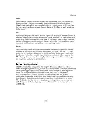 Chapter 1
[ 15 ]
mod:
The mod folder stores activity modules such as assignment, quiz, wiki, forum, and
lesson modules. Learning activities are the core of any course delivered using
Moodle. Activity modules are more challenging to create than blocks, because they
back up, restore, and store grades. Oh, and of course, they have to teach something
to the learner.
my:
my is a light-weight portal area in Moodle. It provides a listing of courses a learner is
assigned, including a summary of upcoming course activities. The user can also add
and remove blocks on his or her portal page. my provides a good location to display
custom information with minimal core changes to Moodle. For example, we use my
as a dashboard location in many of our customization projects.
theme:
The theme folder stores all of the built-in Moodle themes and any custom themes
installed on the system. Themes are a combination of CSS, HTML, and PHP. Each
theme has its own folder. The theme system is useful for defining the visual skin,
header, and footer of the Moodle page. It is, however, limited in how much of the
Moodle page it can modify. For example, certain components of the Moodle page
are hardcoded to display in a certain way.
Moodle database
The Moodle database is organized into roughly 200 related tables. The default
installation option prepends mdl_ in front of each table name. Each major component
of the system typically has one or more tables, each starting with the component's
name. For example, there are two tables related to the config component:
mdl_config and mdl_config_plugins. As programmers, we will have to
manipulate the database on a regular basis. It's also important for us to be able to
treat the entire database as an entity, copying and moving instances of an entire
Moodle database for the creation of staging and testing areas as we develop our
code. We generally do this by using command-line utilities such as mysqldump
and MySQL.
 
