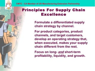 CMTC - CA Member of US Manufacturing Extension Partnership
Principles For Supply Chain
Excellence
Formulate a differentiated supply
chain strategy by channel.
For product categories, product
channels, and target customers,
develop an operating strategy that,
when executed, makes your supply
chain different from the rest.
Focus on long- and short-term
profitability, liquidity, and growth.
 