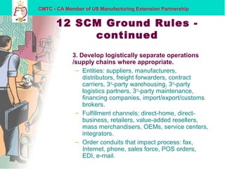 CMTC - CA Member of US Manufacturing Extension Partnership
12 SCM Ground Rules -
continued
3. Develop logistically separate operations
/supply chains where appropriate.
– Entities: suppliers, manufacturers,
distributors, freight forwarders, contract
carriers, 3rd
-party warehousing, 3rd
-party
logistics partners, 3rd
-party maintenance,
financing companies, import/export/customs
brokers.
– Fulfillment channels: direct-home, direct-
business, retailers, value-added resellers,
mass merchandisers, OEMs, service centers,
integrators.
– Order conduits that impact process: fax,
Internet, phone, sales force, POS orders,
EDI, e-mail.
 