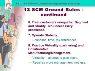 CMTC - CA Member of US Manufacturing Extension Partnership
12 SCM Ground Rules -
continued
6. Treat customers unequally: Segment
and Stratify. No unnecessary
excellence.
7. Operate Globally.
– Economic, time, tax differences.
8. Practice Virtuality (partnering) and
Collaborative
Manufacturing/Management.
– Virtuality – attempt to gain scale.
– Requires more management, not less.
 