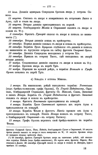 31 іюля. Дивизія адмирала Спиридова бросила якорь у острова Са-
моса.
11 авгумпа. Снялась съ якоря и возвратилась къ островамъ Липсо и
Арчо, гдѣ и стала на якорь.
15 августа. Вторая дивизія присоединилась къ первой.
25 августа. Бомбардирскіе Молнія и Страшный снялись съ якоря и
пошли къ Ѵ-у.
2 сентября. Фрегатъ Григорій снялся съ якоря и пошелъ по назна-
ченію (').
18 сентября. Вторая дивизія пошла въ крейсерство.
13 октября. Первая дивизія снялась съ якоря и пошла въ крейсерство.
18 октября. Корабль Трехъ Іерарховъ отдѣлился отъ дивизіи и пошелъ
по назначенію въ Аргунскіе острова на смѣну фрегата Сѣверный Орелъ.
19 октября. Дивизія Спиридова находилась у острова Хіо.
22 октября. Пришла къ острову Тассо, гдѣ находилась на якорѣ
вторая дивизія.
17 ноября. Соединенныя дивизіи снялися съ якоря и пошли къ О-у.
19 ноября. Бросили якорь въ портѣ Тріо.
21 ноября. Перешли на аузскій рейдъ, а корабли Бсеволодъ и Графъ
Орловъ остались въ портѣ Тріо.
4 ) ЭСКАДРА У ОСТРОВА МИКОНА.
1 января. На миконскомъ рейдѣ находились корабли: Ростиславъ
(подъ брейдъ-вымпеломъ графа Орлова), Св. Георгій Побгьдоносецъ, Сара-
товъ, бомбардирскій Страшный, фрегаты Св. Николай, Слава9 Запасный
и пинкъ Бенера. Корабль Св. Георгій Побѣдоносецъ и фрегатъ Запасный
снялись съ якоря и пошли въ крейсерство.
3 января. Фрегатъ Констанція присоединился къ эскадрѣ.
4 января. Корабль Трехъ Святителей пришелъ изъ порта Аузы и
присоединился къ эскадрѣ.
12 января. Корабль Чесьма и фрегатъ Наксія пришли изъ Аузы и
присоединились къ эскадрѣ. Пинкъ Венера пошелъ къ острову Тассо,
а бомбардирскій Страшный—къ острову Патмосу.
13 января. Графъ Орловъ перенесъ свой брейдъ-вымпелъ на корабль
Чесъма.
фрегаты: Сѣѳерный Орелъ, Тино, Побѣда, бомбардирскіе Громъ и Страшный. 10 августа
третья дивизія снялась съ якоря и стала лавировать къ W; 13 августа бросила якорь
по западную сторону крѣпости Леро.
(*) 24 сентября, фрегатъ Григорій бросилъ якорь на зантскомъ рейдѣ, гдѣ йаходи-
лись корабли Побѣда (подъ брейдъ-вымпеломъ), Не тронь меня, фрегаты Паросъ, Кон-
станціяи Делосъ. 26 сентября Григорій снялся съ якоря и пошелъ въ Ливорно, куда и
прибылъ 12 октября,
 