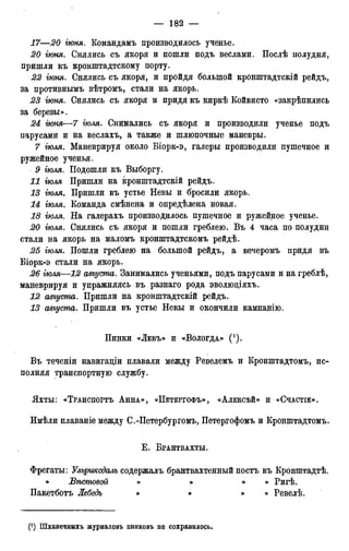 17—20 гюня. Командамъ производилось ученье.
20 гюня. Снялись съ якоря и пошли подъ веслами. Послѣ полудня,
пришли къ кронштадтскому порту.
22 іюпя. Снялись съ якоря, и пройдя большой кронштадтскій рейдъ,
за противнымъ вѣтромъ, стали на якорь.
23 гюня. Снялись съ якоря и придя къ киркѣ Койвисто «закрѣпились
за березы».
24 іюня—7 іюля. Снимались съ якоря и производили ученье подъ
парусами и на веслахъ, а также и шлюпочные маневры.
7 гюля. Маневрируя около Біорк-э, галеры производили пушечное и
ружейное ученья.
9 гюля. Подошли къ Выборгу.
И гюля Пришли на кронштадтскій рейдъ.
13 гюля. Пришли въ устье Невы и бросили якорь.
14 гюля. Команда смѣнена и определена новая.
18 гюля. На галерахъ производилось пушечное и ружейное ученье.
20 гюля. Снялись съ якоря и пошли греблею. Въ 4 часа по полудни
стали на якорь на маломъ кронштадтскомъ рейдѣ.
25 гюля. Пошли греблею на большой рейдъ, а вечеромъ придя въ
Біорк-э стали на якорь.
26 гюля—12 августа. Занимались ученьями, подъ парусами и на греблѣ,
маневрируя и упражняясь въ разнаго рода эволюдіяхъ.
12 августа. Пришли на кронштадтскій рейдъ.
13 августа. Пришли въ устье Невы и окончили кампанію.
Пинки «ЛЕВЪ» И «ВОЛОГДА» ( ' ) .
Въ теченіи навигаціи плавали между Ревелемъ и Кронштадтомъ, ис-
полняя транспортную службу.
Яхты: «ТРАНСПОРТЪ АННА», «ПЕТЕРГОФЪ», «АЛЕКСѢЙ» И «СЧАСТІЕ».
Имѣли плаваніе между С.-Петербургомъ, Петергофомъ и Кронштадтомъ.
Е . ВРАНТВАХТЫ.
Фрегаты: Ульриксдаль содержалъ брантвахтенный постъ въ Кронштадтѣ.
» Вѣстовой » » » » Ригѣ.
Пакетботъ Лебедь » » » » Ревелѣ.
(') Шханечныхъ журналовъ пинковъ не сохранилось.
 
