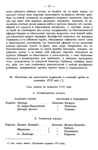 кость здѣшнихъ зимнихъ погодъ, не входитъ ни въ какіе порты, но
находясь всегда подъ парусами продолжаетъ въ разныхъ мѣстахъ разъ-
ѣзды во всякой готовности къ одержанію коварнаго непріятеля, буде бы
онъ еще какія либо вздумалъ предпріять покушенія, каковыхъ по до-
вольнымъ опытамъ весьма важныя имѣю я причины ожидать отъ высоко-
мѣрной его гордости и вѣроломныхъ иостунковъ, а особливо когда и
по нынѣ не освобожденъ изъ полону содержащейся въ Константинополѣ
офидеръ Овцынъ съ нѣсколькимъ числомъ матросовъ, хотя бывшій здѣсь
для заключенія иерваго перемирія Мустафа-бей испросилъ отъ адмирала
Спиридова 14-ть плінныхъ турокъ, обнадеживая важностію своего слова
и министерскаго достоинства, что помянутый офидеръ съ его матросами
конечно присланъ будетъ ко флоту какъ скоро возвратится онъ въ
Константинополь; однакожъ по взятіи размѣна безплодны остались сіи
увѣренія, почему и не можно мнѣ никоимъ образомъ полагаться на
туредкія обѣщанія по обманчивости и непостоянству, о чемъ безполезно
повторялъ я неоднократныя мои требованія, а наконедъ принужденъ
былъ, полномочному на конгрессѣ министру Обрѣзкову сообщить прося
его, дабы опъ тамо возобновилъ домогательства о свободѣ россійскихъ
плѣнгіыхъ, задержанныхъ противу всякаго права и справедливости.
36. Извлеченіе изр шхсьиечныхд журналовъ о плаванги судовъ вд
кампанію 1772 года (').
СУДА БЫВШІЯ ВЪ КАМПАНІИ 1 7 7 2 года.
А . КРОНШТАДТСКАЯ ЭСКАДРА.
НАЗВАНІЕ СУДОВЪ.
Корабли: Внкторъ
Се. Андрей Первозванный.
Дмитрій Донской.
Капитанъ Плояртъ.
» Клокачевъ.
» Сурминъ.
ФЛАГМАНЫ И КОМАНДИРЫ.
»
Б . РЕВЕЛЬСКАЯ ЭСКАДРА.
Корабли: Память Евстафія .
Мироносицъ I
Св. Владиміръ
Капитанъ Мусинъ-Пушкинъ.
» Базбалъ.
» Кузьмищевъ.
» Поярковъ.
»
 