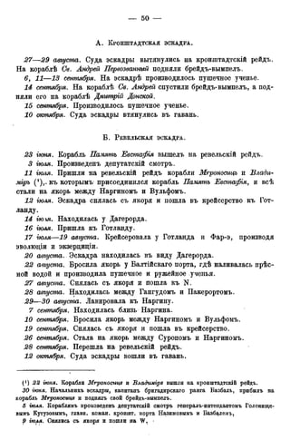 А . КРОНШТАДТСКАЯ ЭСКАДРА.
27—29 августа. Суда эскадры вытянулись на кронштадтскій рейдъ.
На кораблѣ Св. Андрей Первозванный подняли брейдъ-вымпелъ.
6, 11—13 сентября. На эскадрѣ производилось пушечное ученье.
14 сентября. На кораблѣ Св. Андрей спустили брейдъ-вымпелъ, а под-
няли его на кораблѣ Дмгтрій Донской.
15 сентября. Производилось пушечное ученье.
10 октября. Суда эскадры втянулись въ гавань.
Б . РЕВЕЛЬСКАЯ ЭСКАДРА.
23 гюня. Корабль Память Евстафія вышелъ на ревельскій рейдъ.
3 іюля. Произведенъ депутатскій смотръ.
11 іюля. Пришли на ревельскій рейдъ корабли Мгроносицъ и Влади-
міръ (*),- къ которымъ присоединился корабль Память Евстафія, и всѣ
стали на якорь между Наргиномъ и Вульфомъ.
12 іюля. Эскадра снялась съ якоря и пошла въ крейсерство къ Гот-
ланду.
14 іюля. Находилась у Дагерорда.
16 іюля. Пришла къ Готланду.
17 іюля—19 августа. Крейсеровала у Готланда и Фар-э, производя
эволюдіи и экзерциціи.
20 августа. Эскадра находилась въ виду Дагерорда.
22 августа. Бросила якорь у Балтійскаго порта, гдѣ наливалась прѣс-
ной водой и производила пушечное и ружейное ученья.
27 августа. Снялась съ якоря и пошла къ N.
28 августа. Находилась между Гангудомъ и Пакерортомъ.
29—30 августа. Лавировала къ Наргину.
7 сентября. Находилась близь Наргина.
10 сентября. Бросила якорь между Наргиномъ и Вульфомъ.
19 сентября. Снялась съ якоря и пошла въ крейсерство.
26 сентября. Стала на якорь между Суропомъ и Наргиномъ.
28 сентября. Перешла на ревельскій рейдъ.
12 октября. Суда эскадры вошли въ гавань.
(*) 22 гюня. Корабли Мгроносицъ и Владимир* вышли на кронштадтскій рейдъ.
30 іюня. Начальникъ эскадры, капитанъ бригадирскаго ранга Базбаль, прибылъ на
корабль Мгроносицъ и поднялъ свой брейдъ-вымпелъ.
б тля. Кораблямъ произведенъ депутатскій смотръ генералъ-интепдантомъ Голенище-
вымъ Кутузовымъ, главн. коман. кроншт. порта Назимовымъ и Вазб$лемът
9 шля. Снялись съ якоря и пошли на
 