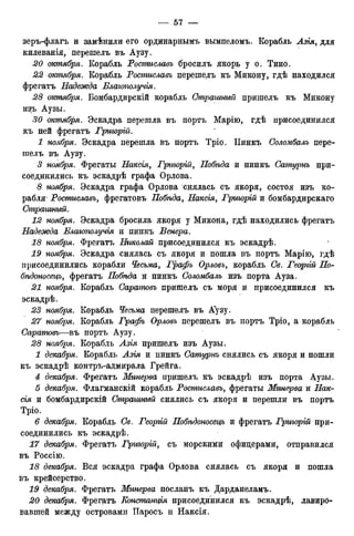 зеръ-флагъ и замѣнили его ординарнымъ вымпеломъ. Корабль Азія, для
килеванія, перешелъ въ Аузу.
20 октября. Корабль Ромшславъ бросилъ якорь у о. Тино.
22 октября. Корабль Ростиславъ перешелъ къ Микону, гдѣ находился
фрегатъ Надежда Благополучія.
28 октября. Бомбардирскій корабль Страшный пришелъ къ Микону
изъ Аузы.
30 октября. Эскадра перешла въ портъ Марію, гдѣ присоединился
къ ней фрегатъ Григорій.
1 ноября. Эскадра перешла въ портъ Тріо. Пинкъ Соломбалъ пере-
шелъ въ Аузу.
3 ноября. Фрегаты Наксія, Гриюрій, Побѣда и пинкъ Сатурнъ при-
соединились къ эскадрѣ графа Орлова.
8 ноября. Эскадра графа Орлова снялась съ якоря, состоя изъ ко-
рабля Ростиславъ, фрегатовъ Побѣда, Наксія, Гршорій и бомбардирскаго
Страшный.
Z2 ноября. Эскадра бросила якоря у Микона, гдѣ находились фрегатъ
Надежда Блаъополучія и пинкъ Венера.
ноября. Фрегатъ Николай присоединился къ эскадрѣ.
19 ноября. Эскадра снялась съ якоря и пошла въ портъ Марію, гдѣ
присоединились корабли Чесьма, Графъ Орловъ, корабль СЬ. Георъій По-
бѣдоносецъ, фрегатъ Побѣда и пинкъ Соломбалъ изъ порта Ауза.
ноября. Корабль Саратовъ пришелъ съ моря и присоединился къ
эскадрѣ.
55 ноября. Корабль Чесьма перешелъ въ Аузу.
57 ноября. Корабль Графъ Орловъ перешелъ въ портъ Тріо, а корабль
Саратовъ—въ портъ Аузу.
58 ноября. Корабль Лзія пришелъ изъ Аузы.
Jf декабря. Корабль Лзгл и пинкъ Сатурнъ снялись съ якоря и пошли
къ эскадрѣ контръ-адмирала Грейга.
4 декабря. Фрегатъ Минерва пришелъ къ эскадрѣ изъ порта Аузы.
5 декабря. Флагманскій корабль Ростиславъ, фрегаты Минерва и Латс-
сія и бомбардирскій Страшный снялись съ якоря и перешли въ портъ
Тріо.
б1 декабря. Корабль Cte. Георъій Побѣдоносецъ и фрегатъ Гриъорій при-
соединились къ эскадрѣ.
декабря. Фрегатъ Гриюрій, съ морскими офицерами, отправился
въ Россію.
18 декабря. Вся эскадра графа Орлова снялась съ якоря и пошла
въ крейсерство.
19 декабря. Фрегатъ Минерва посланъ къ Дарданеламъ.
20 декабря. Фрегатъ Еонстанція присоединился къ эскадрѣ, лавиро-
вавшей между островами Паросъ и Наксія.
 
