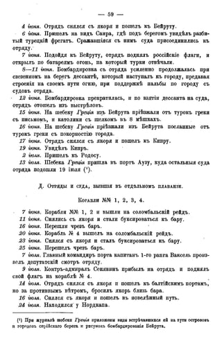 4 гюня. Отрядъ снялся съ якоря и пошелъ къ Бейруту.
6 іюня. Пришелъ на видъ Сайра, гдѣ подъ берегомъ увидѣлъ разби-
тый турецкій фрегатъ. Сражавшіяся съ нимъ суда присоединились къ
отряду.
7 гюня. Подойдя къ Бейруту, отрядъ поднялъ россійскіе флаги, и
открылъ по батареямъ огонь, на который турки отвѣчали.
8—И гюня. Бомбардировка съ отряда усиленно продолжалась при
свезенномъ на берегъ дессантѣ, который наступалъ къ городу, предавая
строенія на своемъ пути огню, при поддержкѣ пальбы по городу съ
судовъ отряда.
12 гюня. Бомбардировка прекратилась, и по взятіи дессанта на суда,
отрядъ отошелъ изъ выстрѣловъ.
15 гюня. На шебеку Треція изъ Бейрута пріѣзжали отъ турокъ греки
съ письмомъ, и католики съ шелкомъ въ 8 мѣшкахъ.
16 гюня. На шебеку Грещя пріѣзжали изъ Бейрута посланные отъ
турокъ греки съ покорностію города.
17 гюня. Отрядъ снялся съ якоря и пошелъ къ Кипру.
19 гюня. Увидѣлъ Кипръ.
2 іюля. Пришелъ къ Родосу.
13 іюля. Шебека Грещя пришла въ портъ Аузу, куда остальныя суда
отряда подошли 19 іюля (').
Д. ОТРЯДЫ И СУДА, БЫВШІЯ ВЪ ОТДѢЛЬНОМЪ ПЛАВАНІИ.
КОРАБЛИ Ж№ 1, 2 , 3 , 4 .
7 гюня. Корабли 1, 2 и вышли на соломбальскій рейдъ.
11 гюня. Снялись съ якоря и стали буксироваться къ бару.
16 гюня. Перешли чрезъ баръ.
20 гюня. Корабль № 4 вышелъ на соломбальскій рейдъ.
23 гюня. Снялся съ якоря и сталъ буксироваться къ бару.
25 гюня. Перешелъ чрезъ баръ.
7 іюля. Главный командиръ порта капитанъ 1-го ранга Ваксель произ-
велъ депутатскій смотръ отряду.
9 гюля. Контръ-адмиралъ Сенявинъ прибылъ на отрядъ и поднялъ
свой флагъ на кораблѣ № 4.
14 гюля. Отрядъ снялся съ якоря и пошелъ къ балтійскимъ портамъ,
но за противнымъ вѣтромъ, бросилъ якорь близь бара.
16 гюля. Снялся съ якоря и пошелъ въ повелѣнный путь.
24 гюля. Находился у Нордкапа.
(*) При журналѣ шебеки Греція приложены виды встречавшихся ей на пути острововъ
и городовъ сирійскаго берега и рисунокъ бомбардированія Бейрута.
 