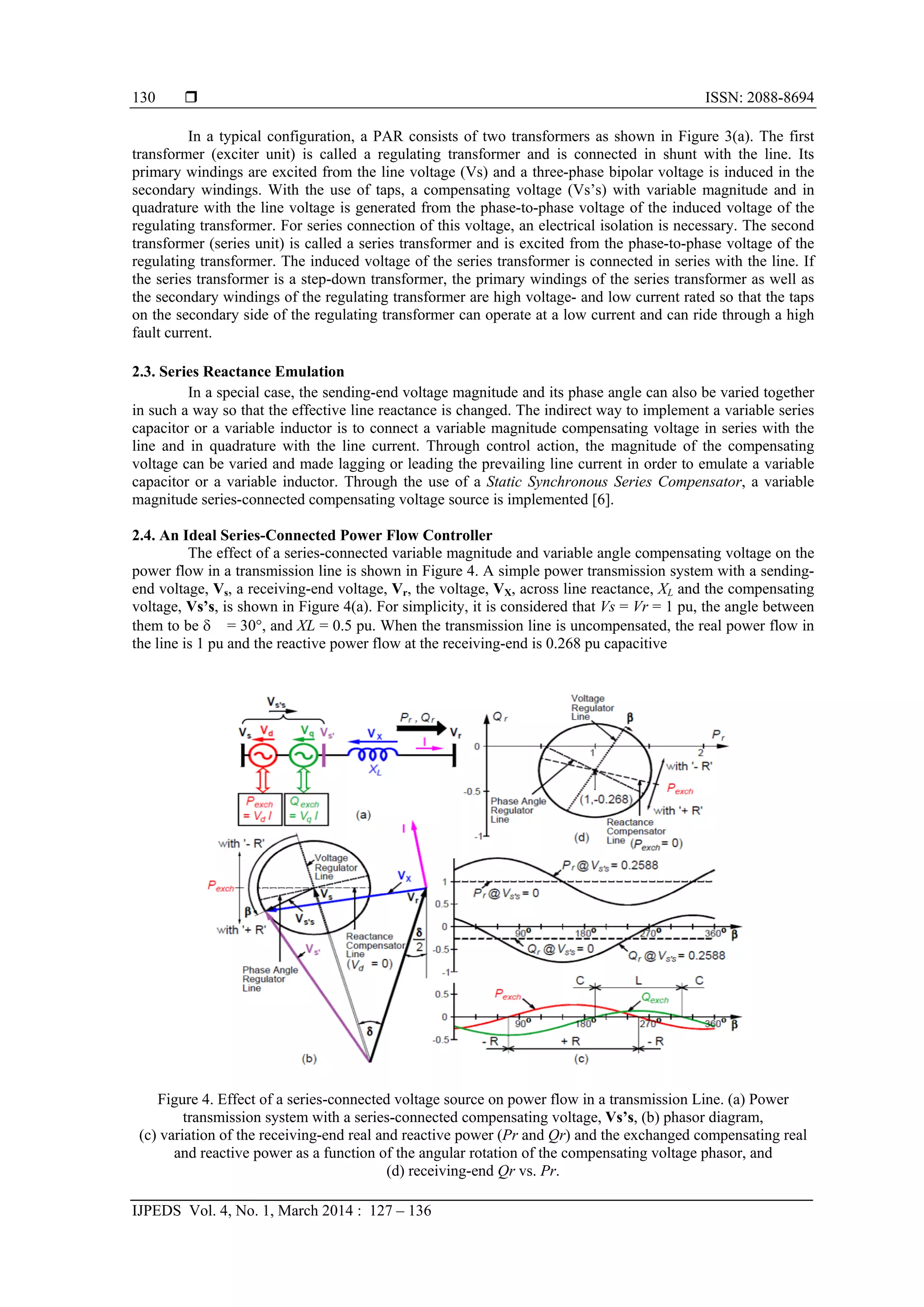  ISSN: 2088-8694
IJPEDS Vol. 4, No. 1, March 2014 : 127 – 136
130
In a typical configuration, a PAR consists of two transformers as shown in Figure 3(a). The first
transformer (exciter unit) is called a regulating transformer and is connected in shunt with the line. Its
primary windings are excited from the line voltage (Vs) and a three-phase bipolar voltage is induced in the
secondary windings. With the use of taps, a compensating voltage (Vs’s) with variable magnitude and in
quadrature with the line voltage is generated from the phase-to-phase voltage of the induced voltage of the
regulating transformer. For series connection of this voltage, an electrical isolation is necessary. The second
transformer (series unit) is called a series transformer and is excited from the phase-to-phase voltage of the
regulating transformer. The induced voltage of the series transformer is connected in series with the line. If
the series transformer is a step-down transformer, the primary windings of the series transformer as well as
the secondary windings of the regulating transformer are high voltage- and low current rated so that the taps
on the secondary side of the regulating transformer can operate at a low current and can ride through a high
fault current.
2.3. Series Reactance Emulation
In a special case, the sending-end voltage magnitude and its phase angle can also be varied together
in such a way so that the effective line reactance is changed. The indirect way to implement a variable series
capacitor or a variable inductor is to connect a variable magnitude compensating voltage in series with the
line and in quadrature with the line current. Through control action, the magnitude of the compensating
voltage can be varied and made lagging or leading the prevailing line current in order to emulate a variable
capacitor or a variable inductor. Through the use of a Static Synchronous Series Compensator, a variable
magnitude series-connected compensating voltage source is implemented [6].
2.4. An Ideal Series-Connected Power Flow Controller
The effect of a series-connected variable magnitude and variable angle compensating voltage on the
power flow in a transmission line is shown in Figure 4. A simple power transmission system with a sending-
end voltage, Vs, a receiving-end voltage, Vr, the voltage, VX, across line reactance, XL and the compensating
voltage, Vs’s, is shown in Figure 4(a). For simplicity, it is considered that Vs = Vr = 1 pu, the angle between
them to be  = 30, and XL = 0.5 pu. When the transmission line is uncompensated, the real power flow in
the line is 1 pu and the reactive power flow at the receiving-end is 0.268 pu capacitive
Figure 4. Effect of a series-connected voltage source on power flow in a transmission Line. (a) Power
transmission system with a series-connected compensating voltage, Vs’s, (b) phasor diagram,
(c) variation of the receiving-end real and reactive power (Pr and Qr) and the exchanged compensating real
and reactive power as a function of the angular rotation of the compensating voltage phasor, and
(d) receiving-end Qr vs. Pr.
 