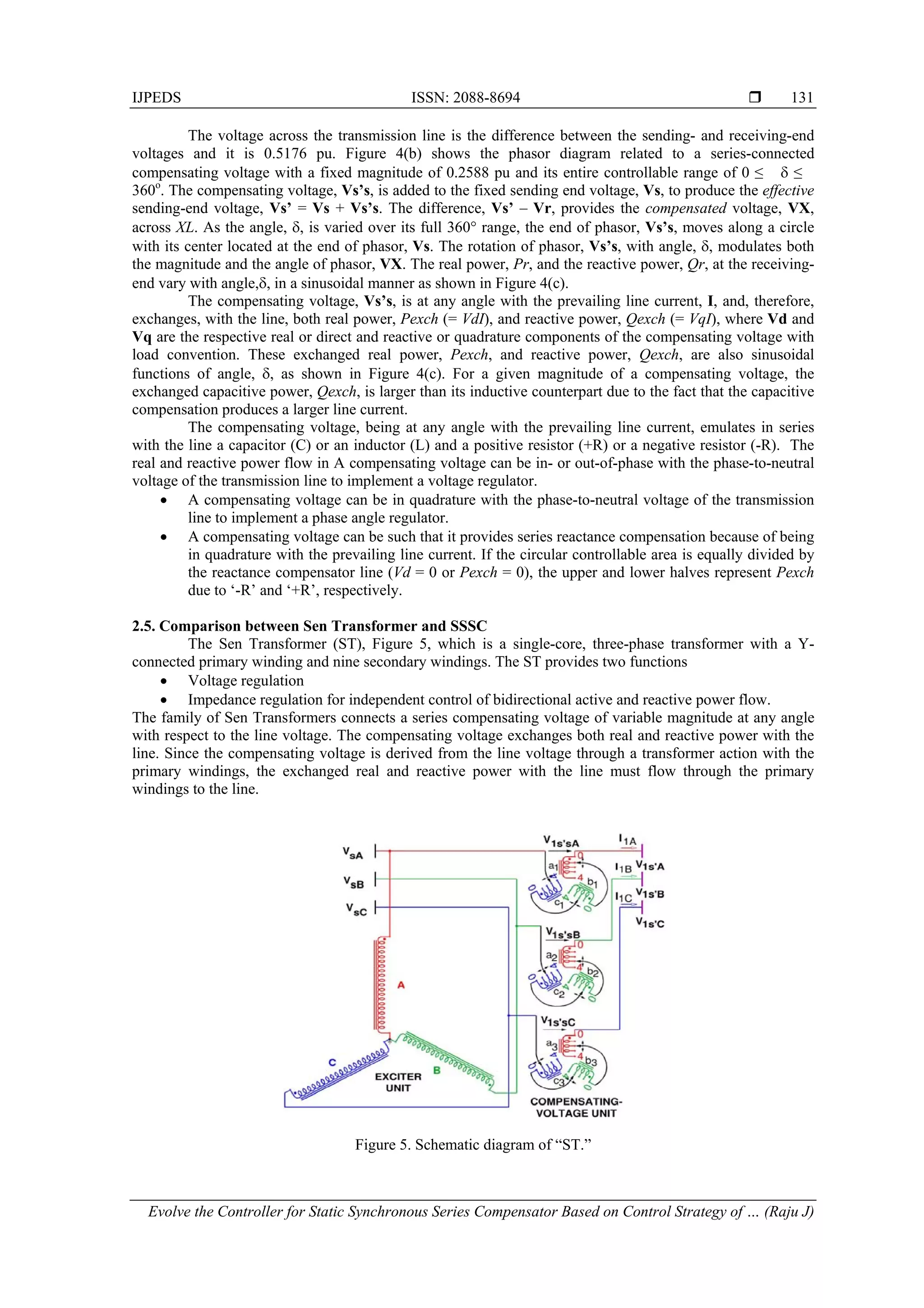 IJPEDS ISSN: 2088-8694 
Evolve the Controller for Static Synchronous Series Compensator Based on Control Strategy of … (Raju J)
131
The voltage across the transmission line is the difference between the sending- and receiving-end
voltages and it is 0.5176 pu. Figure 4(b) shows the phasor diagram related to a series-connected
compensating voltage with a fixed magnitude of 0.2588 pu and its entire controllable range of 0 ≤  ≤
360o
. The compensating voltage, Vs’s, is added to the fixed sending end voltage, Vs, to produce the effective
sending-end voltage, Vs’ = Vs + Vs’s. The difference, Vs’ – Vr, provides the compensated voltage, VX,
across XL. As the angle, , is varied over its full 360 range, the end of phasor, Vs’s, moves along a circle
with its center located at the end of phasor, Vs. The rotation of phasor, Vs’s, with angle, , modulates both
the magnitude and the angle of phasor, VX. The real power, Pr, and the reactive power, Qr, at the receiving-
end vary with angle,, in a sinusoidal manner as shown in Figure 4(c).
The compensating voltage, Vs’s, is at any angle with the prevailing line current, I, and, therefore,
exchanges, with the line, both real power, Pexch (= VdI), and reactive power, Qexch (= VqI), where Vd and
Vq are the respective real or direct and reactive or quadrature components of the compensating voltage with
load convention. These exchanged real power, Pexch, and reactive power, Qexch, are also sinusoidal
functions of angle, , as shown in Figure 4(c). For a given magnitude of a compensating voltage, the
exchanged capacitive power, Qexch, is larger than its inductive counterpart due to the fact that the capacitive
compensation produces a larger line current.
The compensating voltage, being at any angle with the prevailing line current, emulates in series
with the line a capacitor (C) or an inductor (L) and a positive resistor (+R) or a negative resistor (-R). The
real and reactive power flow in A compensating voltage can be in- or out-of-phase with the phase-to-neutral
voltage of the transmission line to implement a voltage regulator.
 A compensating voltage can be in quadrature with the phase-to-neutral voltage of the transmission
line to implement a phase angle regulator.
 A compensating voltage can be such that it provides series reactance compensation because of being
in quadrature with the prevailing line current. If the circular controllable area is equally divided by
the reactance compensator line (Vd = 0 or Pexch = 0), the upper and lower halves represent Pexch
due to ‘-R’ and ‘+R’, respectively.
2.5. Comparison between Sen Transformer and SSSC
The Sen Transformer (ST), Figure 5, which is a single-core, three-phase transformer with a Y-
connected primary winding and nine secondary windings. The ST provides two functions
 Voltage regulation
 Impedance regulation for independent control of bidirectional active and reactive power flow.
The family of Sen Transformers connects a series compensating voltage of variable magnitude at any angle
with respect to the line voltage. The compensating voltage exchanges both real and reactive power with the
line. Since the compensating voltage is derived from the line voltage through a transformer action with the
primary windings, the exchanged real and reactive power with the line must flow through the primary
windings to the line.
Figure 5. Schematic diagram of “ST.”
 