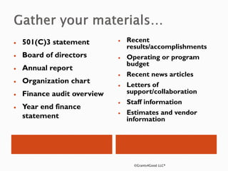• 501(C)3 statement
• Board of directors
• Annual report
• Organization chart
• Finance audit overview
• Year end finance
statement
• Recent
results/accomplishments
• Operating or program
budget
• Recent news articles
• Letters of
support/collaboration
• Staff information
• Estimates and vendor
information
©Grants4Good LLC®
 
