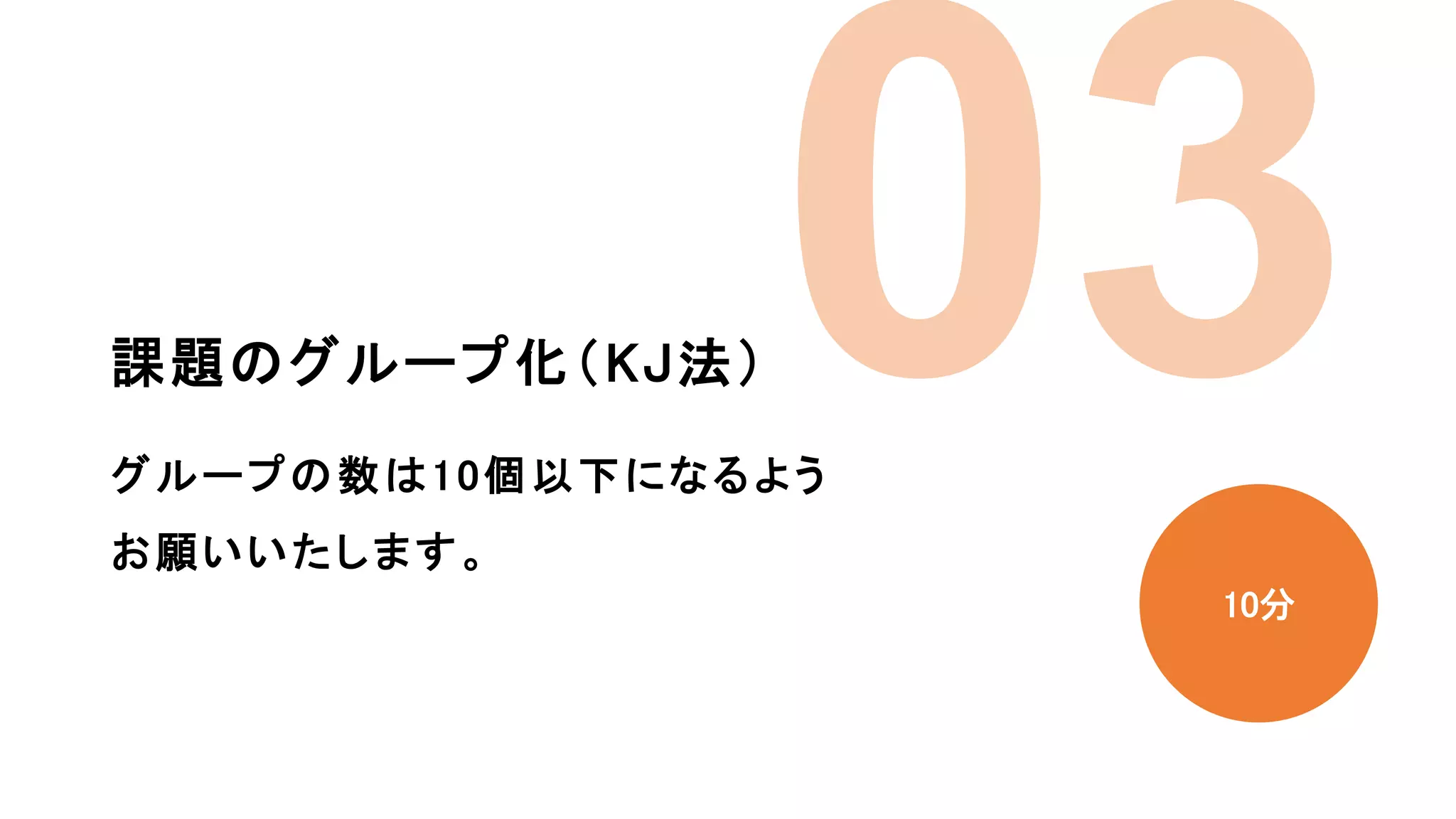 課題のグループ化（KJ法）
10分
グループの数は10個以下になるよう
お願いいたします。
 