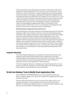 This documentation set provides planning and reference information for the Oracle
              Applications System Administrator. Oracle Applications System Administrator's Guide -
              Configuration contains information on system configuration steps, including defining
              concurrent programs and managers, enabling Oracle Applications Manager features,
              and setting up printers and online help. Oracle Applications System Administrator's Guide
              - Maintenance provides information for frequent tasks such as monitoring your system
              with Oracle Applications Manager, administering Oracle E-Business Suite Secure
              Enterprise Search, managing concurrent managers and reports, using diagnostic
              utilities including logging, managing profile options, and using alerts. Oracle
              Applications System Administrator's Guide - Security describes User Management, data
              security, function security, auditing, and security configurations.
              Maintaining Oracle Applications Documentation Set
              This documentation set provides maintenance and patching information for the Oracle
              Applications DBA. Oracle Applications Maintenance Procedures (this book) provides a
              description of the strategies, related tasks, and troubleshooting activities that will help
              ensure the continued smooth running of an Oracle Applications system. Oracle
              Applications Maintenance Utilities describes the Oracle Applications utilities that are
              supplied with Oracle Applications and used to maintain the application file system and
              database. It also provides a detailed description of the numerous options available to
              meet specific operational requirements. Oracle Applications Patching Procedures explains
              how to patch an Oracle Applications system, covering the key concepts and strategies.
              Also included are recommendations for optimizing typical patching operations and
              reducing downtime.


Integration Repository
              The Oracle Integration Repository is a compilation of information about the service
              endpoints exposed by the Oracle E-Business Suite of applications. It provides a
              complete catalog of Oracle E-Business Suite's business service interfaces. The tool lets
              users easily discover and deploy the appropriate business service interface for
              integration with any system, application, or business partner.
              The Oracle Integration Repository is shipped as part of the E-Business Suite. As your
              instance is patched, the repository is automatically updated with content appropriate
              for the precise revisions of interfaces in your environment.



Do Not Use Database Tools to Modify Oracle Applications Data
              Oracle STRONGLY RECOMMENDS that you never use SQL*Plus, Oracle Data
              Browser, database triggers, or any other tool to modify Oracle Applications data unless
              otherwise instructed.
              Oracle provides powerful tools you can use to create, store, change, retrieve, and
              maintain information in an Oracle database. But if you use Oracle tools such as
              SQL*Plus to modify Oracle Applications data, you risk destroying the integrity of your
              data and you lose the ability to audit changes to your data.




x
 