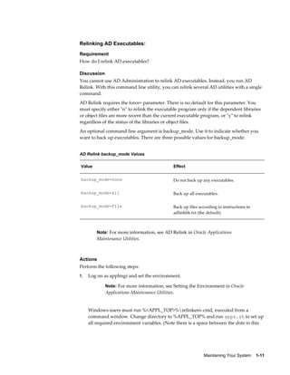 Relinking AD Executables:
Requirement
How do I relink AD executables?

Discussion
You cannot use AD Administration to relink AD executables. Instead, you run AD
Relink. With this command line utility, you can relink several AD utilities with a single
command.
AD Relink requires the force= parameter. There is no default for this parameter. You
must specify either "n" to relink the executable program only if the dependent libraries
or object files are more recent than the current executable program, or "y" to relink
regardless of the status of the libraries or object files.
An optional command line argument is backup_mode. Use it to indicate whether you
want to back up executables. There are three possible values for backup_mode:


AD Relink backup_mode Values

Value                                          Effect


backup_mode=none                               Do not back up any executables.

backup_mode=all                                Back up all executables.

backup_mode=file                               Back up files according to instructions in
                                               adlinkbk.txt (the default).



         Note: For more information, see AD Relink in Oracle Applications
         Maintenance Utilities.



Actions
Perform the following steps:
1.   Log on as applmgr and set the environment.

             Note: For more information, see Setting the Environment in Oracle
             Applications Maintenance Utilities.


     Windows users must run %<APPL_TOP>%relinkenv.cmd, executed from a
     command window. Change directory to %APPL_TOP% and run apps.sh to set up
     all required environment variables. (Note there is a space between the dots in this




                                                               Maintaining Your System    1-11
 