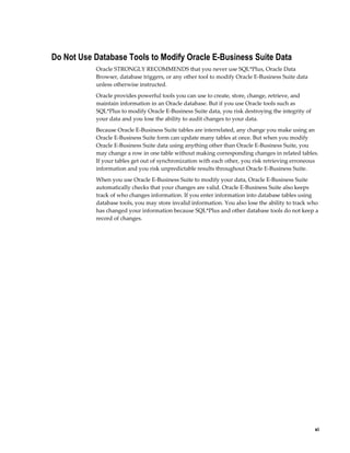 Do Not Use Database Tools to Modify Oracle E-Business Suite Data
           Oracle STRONGLY RECOMMENDS that you never use SQL*Plus, Oracle Data
           Browser, database triggers, or any other tool to modify Oracle E-Business Suite data
           unless otherwise instructed.
           Oracle provides powerful tools you can use to create, store, change, retrieve, and
           maintain information in an Oracle database. But if you use Oracle tools such as
           SQL*Plus to modify Oracle E-Business Suite data, you risk destroying the integrity of
           your data and you lose the ability to audit changes to your data.
           Because Oracle E-Business Suite tables are interrelated, any change you make using an
           Oracle E-Business Suite form can update many tables at once. But when you modify
           Oracle E-Business Suite data using anything other than Oracle E-Business Suite, you
           may change a row in one table without making corresponding changes in related tables.
           If your tables get out of synchronization with each other, you risk retrieving erroneous
           information and you risk unpredictable results throughout Oracle E-Business Suite.
           When you use Oracle E-Business Suite to modify your data, Oracle E-Business Suite
           automatically checks that your changes are valid. Oracle E-Business Suite also keeps
           track of who changes information. If you enter information into database tables using
           database tools, you may store invalid information. You also lose the ability to track who
           has changed your information because SQL*Plus and other database tools do not keep a
           record of changes.




                                                                                                      xi
 