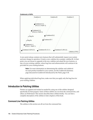 Codelevels in RUPs




                  A new point release contains new features that will substantially impact your system
                  and may change its operation. It starts a new codeline (for example, codeline B). At that
                  point, you can choose to upgrade to the new codeline and adopt the new features, or
                  stay on your existing codeline, where bug fixes and enhancements will continue to be
                  provided for your existing features.

                           Note: For more information on determining the codeline and codelevel
                           for each product installed in your system, see the Codelevels Summary
                           page discussed in Codelevels Introduced by the Patch, page 3-18.


                  When applying individual bug fixes, make sure that you apply only the bug fixes for
                  your existing codeline.



Introduction to Patching Utilities
                  Patches are applied and tracked as needed by using one of the utilities designed
                  specifically for that purpose. Some of these utilities are run from the command line, and
                  others are Web-based. This section describes these utilities briefly. You can find a
                  complete description of the utilities in later chapters of this book.


Command Line Patching Utilities
                  The utilities in this section are all run from the command line.




1-6    Oracle E-Business Suite Patching Procedures
 