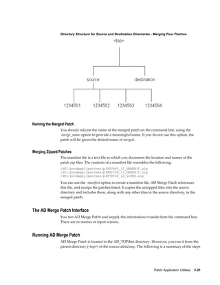 Directory Structure for Source and Destination Directories - Merging Four Patches




Naming the Merged Patch
               You should ndicate the name of the merged patch on the command line, using the
               -merge_name option to provide a meaningful name. If you do not use this option, the
               patch will be given the default name of merged.


Merging Zipped Patches
               The manifest file is a text file in which you document the location and names of the
               patch zip files. The contents of a manifest file resembles the following:
               /d01/prodappl/patches/p3903945_12_GENERIC.zip
               /d01/prodappl/patches/p3892799_12_GENERIC.zip
               /d01/prodappl/patches/p3874740_12_LINUX.zip

               You can use the -manifest option to create a manifest file. AD Merge Patch references
               this file, and unzips the patches listed. It copies the unzipped files into the source
               directory and includes them, along with any other files in the source directory, in the
               merged patch.


The AD Merge Patch Interface
               You run AD Merge Patch and supply the information it needs from the command line.
               There are no menus or input screens.


Running AD Merge Patch
               AD Merge Patch is located in the AD_TOP/bin directory. However, you run it from the
               parent directory (<top>) of the source directory. The following is a summary of the steps




                                                                           Patch Application Utilities    2-21
 