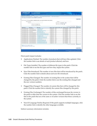 Direct patch impact includes:
                  •    Applications Patched: The number of products that will have files updated. Click
                       the number link to see details of each product affected, and how.

                  •    File Types Installed: The number of different file types in the patch. Click the
                       number link to see the file types and how they impact the system.

                  •    New Files Introduced: The number of new files that will be introduced by the patch.
                       Click the number link to details about each new file introduced.

                  •    Existing Files Changed: The number of existing files in the system that will be
                       changed by the patch. Click the number link to see the existing files changed and
                       the new version numbers.

                  •    Flagged Files Changed: The number of custom files that will be changed by this
                       patch. Click the number link to identify the custom files changed by this patch.

                  •    Existing Files Unchanged: The number of files unchanged because the version in
                       the patch is older than the version in the system. Click the number link to see the
                       files in the patch that are of the same or of earlier versions than those currently in
                       the system.

                  •    Non-US Language Patches Required: If the patch supports multiple languages, click
                       the number link to identify the other languages available.

                  Indirect summary information includes:




3-22    Oracle E-Business Suite Patching Procedures
 