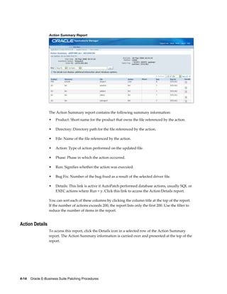 Action Summary Report




                  The Action Summary report contains the following summary information:
                  •    Product: Short name for the product that owns the file referenced by the action.

                  •    Directory: Directory path for the file referenced by the action.

                  •    File: Name of the file referenced by the action.

                  •    Action: Type of action performed on the updated file.

                  •    Phase: Phase in which the action occurred.

                  •    Run: Signifies whether the action was executed.

                  •    Bug Fix: Number of the bug fixed as a result of the selected driver file.

                  •    Details: This link is active if AutoPatch performed database actions, usually SQL or
                       EXEC actions where Run = y. Click this link to access the Action Details report.

                  You can sort each of these columns by clicking the column title at the top of the report.
                  If the number of actions exceeds 200, the report lists only the first 200. Use the filter to
                  reduce the number of items in the report.


Action Details
                  To access this report, click the Details icon in a selected row of the Action Summary
                  report. The Action Summary information is carried over and presented at the top of the
                  report.




4-14    Oracle E-Business Suite Patching Procedures
 