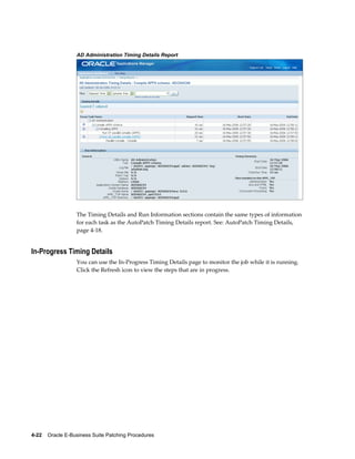 AD Administration Timing Details Report




                  The Timing Details and Run Information sections contain the same types of information
                  for each task as the AutoPatch Timing Details report. See: AutoPatch Timing Details,
                  page 4-18.


In-Progress Timing Details
                  You can use the In-Progress Timing Details page to monitor the job while it is running.
                  Click the Refresh icon to view the steps that are in progress.




4-22    Oracle E-Business Suite Patching Procedures
 