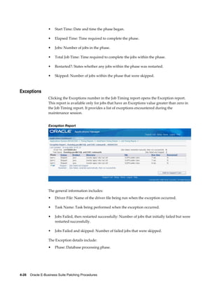 •    Start Time: Date and time the phase began.

                  •    Elapsed Time: Time required to complete the phase.

                  •    Jobs: Number of jobs in the phase.

                  •    Total Job Time: Time required to complete the jobs within the phase.

                  •    Restarted?: States whether any jobs within the phase was restarted.

                  •    Skipped: Number of jobs within the phase that were skipped.



Exceptions
                  Clicking the Exceptions number in the Job Timing report opens the Exception report.
                  This report is available only for jobs that have an Exceptions value greater than zero in
                  the Job Timing report. It provides a list of exceptions encountered during the
                  maintenance session.


                  Exception Report




                  The general information includes:
                  •    Driver File: Name of the driver file being run when the exception occurred.

                  •    Task Name: Task being performed when the exception occurred.

                  •    Jobs Failed, then restarted successfully: Number of jobs that initially failed but were
                       restarted successfully.

                  •    Jobs Failed and skipped: Number of failed jobs that were skipped.

                  The Exception details include:
                  •    Phase: Database processing phase.




4-26    Oracle E-Business Suite Patching Procedures
 