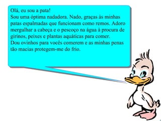 Olá, eu sou a pata!
Sou uma óptima nadadora. Nado, graças às minhas
patas espalmadas que funcionam como remos. Adoro
mergulhar a cabeça e o pescoço na água à procura de
girinos, peixes e plantas aquáticas para comer.
Dou ovinhos para vocês comerem e as minhas penas
tão macias protegem-me do frio.
 