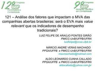 1
121 – Análise dos fatores que impactam o MVA das
companhias abertas brasileiras: será o EVA mais value
relevant que os indicadores de desempenho
tradicionais?
LUIZ FELIPE DE ARAÚJO PONTES GIRÃO
PMICC-UnB/UFPB/UFRN
luizfelipe@ccsa.ufpb.br
MÁRCIO ANDRÉ VERAS MACHADO
PPGA/UFPB e PMICC-UnB/UFPB/UFRN
mavmachado@hotmail.com
ALDO LEONARDO CUNHA CALLADO
PPGA/UFPB e PMICC-UnB/UFPB/UFRN
aldocallado@yahoo.com.br
 