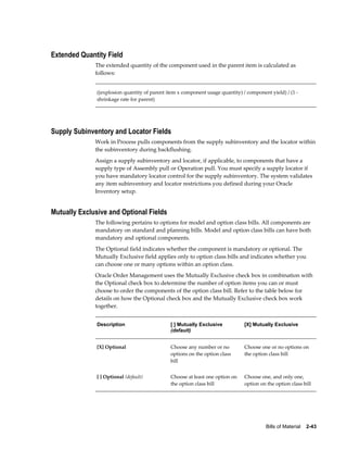 Bills of Material    2-43
Extended Quantity Field
The extended quantity of the component used in the parent item is calculated as
follows:
((explosion quantity of parent item x component usage quantity) / component yield) / (1 -
shrinkage rate for parent)
Supply Subinventory and Locator Fields
Work in Process pulls components from the supply subinventory and the locator within
the subinventory during backflushing.
Assign a supply subinventory and locator, if applicable, to components that have a
supply type of Assembly pull or Operation pull. You must specify a supply locator if
you have mandatory locator control for the supply subinventory. The system validates
any item subinventory and locator restrictions you defined during your Oracle
Inventory setup.
Mutually Exclusive and Optional Fields
The following pertains to options for model and option class bills. All components are
mandatory on standard and planning bills. Model and option class bills can have both
mandatory and optional components.
The Optional field indicates whether the component is mandatory or optional. The
Mutually Exclusive field applies only to option class bills and indicates whether you
can choose one or many options within an option class.
Oracle Order Management uses the Mutually Exclusive check box in combination with
the Optional check box to determine the number of option items you can or must
choose to order the components of the option class bill. Refer to the table below for
details on how the Optional check box and the Mutually Exclusive check box work
together.
Description [ ] Mutually Exclusive
(default)
[X] Mutually Exclusive
[X] Optional Choose any number or no
options on the option class
bill
Choose one or no options on
the option class bill
[ ] Optional (default) Choose at least one option on
the option class bill
Choose one, and only one,
option on the option class bill
 