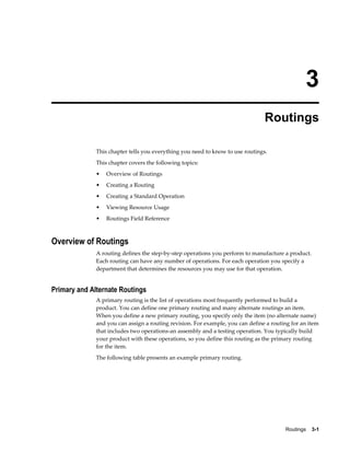 Routings    3-1
3
Routings
This chapter tells you everything you need to know to use routings.
This chapter covers the following topics:
• Overview of Routings
• Creating a Routing
• Creating a Standard Operation
• Viewing Resource Usage
• Routings Field Reference
Overview of Routings
A routing defines the step-by-step operations you perform to manufacture a product.
Each routing can have any number of operations. For each operation you specify a
department that determines the resources you may use for that operation.
Primary and Alternate Routings
A primary routing is the list of operations most frequently performed to build a
product. You can define one primary routing and many alternate routings an item.
When you define a new primary routing, you specify only the item (no alternate name)
and you can assign a routing revision. For example, you can define a routing for an item
that includes two operations-an assembly and a testing operation. You typically build
your product with these operations, so you define this routing as the primary routing
for the item.
The following table presents an example primary routing.
 