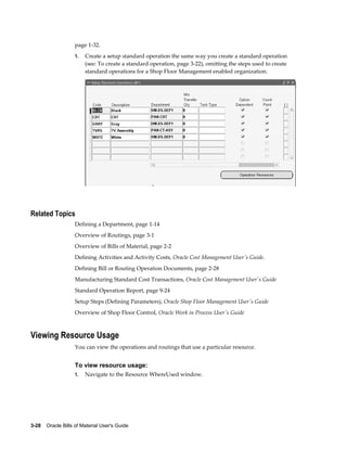 3-28    Oracle Bills of Material User's Guide
page 1-32.
1. Create a setup standard operation the same way you create a standard operation
(see: To create a standard operation, page 3-22), omitting the steps used to create
standard operations for a Shop Floor Management enabled organization.
Related Topics
Defining a Department, page 1-14
Overview of Routings, page 3-1
Overview of Bills of Material, page 2-2
Defining Activities and Activity Costs, Oracle Cost Management User's Guide.
Defining Bill or Routing Operation Documents, page 2-28
Manufacturing Standard Cost Transactions, Oracle Cost Management User's Guide
Standard Operation Report, page 9-24
Setup Steps (Defining Parameters), Oracle Shop Floor Management User's Guide
Overview of Shop Floor Control, Oracle Work in Process User's Guide
Viewing Resource Usage
You can view the operations and routings that use a particular resource.
To view resource usage:
1. Navigate to the Resource WhereUsed window.
 