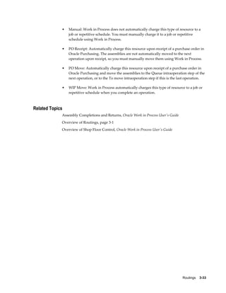 Routings    3-33
• Manual: Work in Process does not automatically charge this type of resource to a
job or repetitive schedule. You must manually charge it to a job or repetitive
schedule using Work in Process.
• PO Receipt: Automatically charge this resource upon receipt of a purchase order in
Oracle Purchasing. The assemblies are not automatically moved to the next
operation upon receipt, so you must manually move them using Work in Process.
• PO Move: Automatically charge this resource upon receipt of a purchase order in
Oracle Purchasing and move the assemblies to the Queue intraoperation step of the
next operation, or to the To move intraoperation step if this is the last operation.
• WIP Move: Work in Process automatically charges this type of resource to a job or
repetitive schedule when you complete an operation.
Related Topics
Assembly Completions and Returns, Oracle Work in Process User's Guide
Overview of Routings, page 3-1
Overview of Shop Floor Control, Oracle Work in Process User's Guide
 