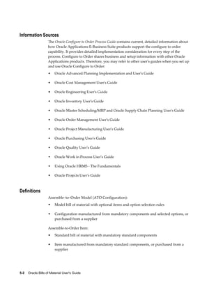 5-2    Oracle Bills of Material User's Guide
Information Sources
The Oracle Configure to Order Process Guide contains current, detailed information about
how Oracle Applications E-Business Suite products support the configure to order
capability. It provides detailed implementation consideration for every step of the
process. Configure to Order shares business and setup information with other Oracle
Applications products. Therefore, you may refer to other user's guides when you set up
and use Oracle Configure to Order:
• Oracle Advanced Planning Implementation and User's Guide
• Oracle Cost Management User's Guide
• Oracle Engineering User's Guide
• Oracle Inventory User's Guide
• Oracle Master Scheduling/MRP and Oracle Supply Chain Planning User's Guide
• Oracle Order Management User's Guide
• Oracle Project Manufacturing User's Guide
• Oracle Purchasing User's Guide
• Oracle Quality User's Guide
• Oracle Work in Process User's Guide
• Using Oracle HRMS - The Fundamentals
• Oracle Projects User's Guide
Definitions
Assemble–to–Order Model (ATO Configuration):
• Model bill of material with optional items and option selection rules
• Configuration manufactured from mandatory components and selected options, or
purchased from a supplier
Assemble-to-Order Item:
• Standard bill of material with mandatory standard components
• Item manufactured from mandatory standard components, or purchased from a
supplier
 