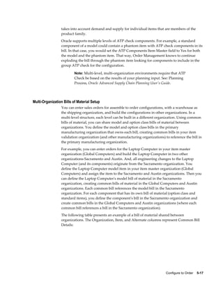 Configure to Order    5-17
takes into account demand and supply for individual items that are members of the
product family.
Oracle supports multiple levels of ATP check components. For example, a standard
component of a model could contain a phantom item with ATP check components in its
bill. In that case, you would set the ATP Components Item Master field to Yes for both
the model and the phantom item. That way, Order Management knows to continue
exploding the bill through the phantom item looking for components to include in the
group ATP check for the configuration.
Note: Multi-level, multi-organization environments require that ATP
Check be based on the results of your planning input. See: Planning
Process, Oracle Advanced Supply Chain Planning User's Guide.
Multi-Organization Bills of Material Setup
You can enter sales orders for assemble to order configurations, with a warehouse as
the shipping organization, and build the configurations in other organizations. In a
multi-level structure, each level can be built in a different organization. Using common
bills of material, you can share model and option class bills of material between
organizations. You define the model and option class bills in the primary
manufacturing organization that owns each bill, creating common bills in your item
validation organization (and other manufacturing organizations) to reference the bill in
the primary manufacturing organization.
For example, you can enter orders for the Laptop Computer in your item master
organization (Global Computers) and build the Laptop Computer in two other
organizations-Sacramento and Austin. And, all engineering changes to the Laptop
Computer (and its components) originate from the Sacramento organization. You
define the Laptop Computer model item in your item master organization (Global
Computers) and assign the item to the Sacramento and Austin organizations. Then you
can define the Laptop Computer's model bill of material in the Sacramento
organization, creating common bills of material in the Global Computers and Austin
organizations. Each common bill references the model bill in the Sacramento
organization. For each component that has its own bill of material (option class and
standard items), you define the component's bill in the Sacramento organization and
create common bills in the Global Computers and Austin organizations (where each
common bill references a bill in the Sacramento organization).
The following table presents an example of a bill of material shared between
organizations. The Organization, Item, and Alternate columns represent Common Bill
Details:
 