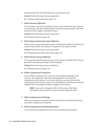 1-4    Oracle Bills of Material User's Guide
manufacturing cells. This information is for your reference only.
Context: Perform this step once per organization.
See: Creating a Department Class, page 1-13.
7. Define Resources (Optional)
You can define a resource as anything of value, except material and cash, required
to manufacture, cost, and schedule products. Resources include people, tools, labor
purchased from a supplier, and physical space.
Context: Perform this step once per organization.
See: Defining a Resource, page 1-24.
8. Define Resource Setup Information (Optional)
Define resource setup information to create a performance model for machines and
resources that includes time needed to change from one setup to another.
Context: Perform this step once per organization.
See: Defining Resource Setup Information, page 1-32.
9. Define Resource Groups (Optional)
You can group department resources by resource group to facilitate bill of resource
generation and capacity planning in Oracle Capacity.
Context: Perform this step once per installation.
See: Defining a Resource, page 1-24.
10. Define Competencies for Resources
You can define competencies for resources while assigning employees to the
resources. The competency, skill levels and qualification must match the
requirements for the resource. You can only add those resources that meet the
requirements to the resource instance. The skill definition of the resource cannot be
changed if there are employee instances assigned to the resource.
Note: If you want to change the skills for the resource, then delete
all employee instances for the resource and then change the skills.
11. Define Competencies for Routings
Define the competencies required for both standard and non-standard operations
and update competencies as required.
12. Define Competencies for Standard Operations
You can define the competencies of the resource to perform the operation.
 
