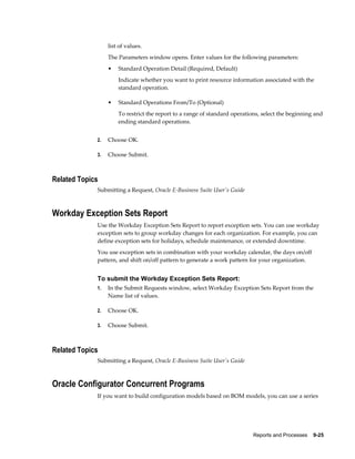 Reports and Processes    9-25
list of values.
The Parameters window opens. Enter values for the following parameters:
• Standard Operation Detail (Required, Default)
Indicate whether you want to print resource information associated with the
standard operation.
• Standard Operations From/To (Optional)
To restrict the report to a range of standard operations, select the beginning and
ending standard operations.
2. Choose OK.
3. Choose Submit.
Related Topics
Submitting a Request, Oracle E-Business Suite User's Guide
Workday Exception Sets Report
Use the Workday Exception Sets Report to report exception sets. You can use workday
exception sets to group workday changes for each organization. For example, you can
define exception sets for holidays, schedule maintenance, or extended downtime.
You use exception sets in combination with your workday calendar, the days on/off
pattern, and shift on/off pattern to generate a work pattern for your organization.
To submit the Workday Exception Sets Report:
1. In the Submit Requests window, select Workday Exception Sets Report from the
Name list of values.
2. Choose OK.
3. Choose Submit.
Related Topics
Submitting a Request, Oracle E-Business Suite User's Guide
Oracle Configurator Concurrent Programs
If you want to build configuration models based on BOM models, you can use a series
 
