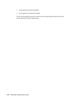 C-10    Oracle Bills of Material User's Guide
• oracle.apps.bom.structure.modified
• oracle.apps.bom.component.modified
For the oracle.apps.bom.structure.created event, the subscription function creates the
bill of material in all child organizations.
 