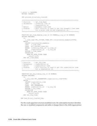 C-16    Oracle Bills of Material User's Guide
l_error := SQLERRM;
RETURN 'ERROR';
END process_structure_created;
/*****************************************************************
* Function : Get_Item_Name
* Parameters : Inventory item id
* : Organization id
* Return : Assembly Item name
* Purpose : This function is used to get the assembly item name
* for a given item id and organzation id.
******************************************************************/
FUNCTION Get_Item_Name(p_item_id IN NUMBER,p_org_id IN NUMBER)
RETURN VARCHAR2
IS
l_item_name MTL_SYSTEM_ITEMS_KFV.concatenated_segments%TYPE;
BEGIN
SELECT concatenated_segments
INTO l_item_name
FROM mtl_system_items_kfv
WHERE inventory_item_id = p_item_id
AND organization_id = p_org_id;
RETURN l_item_name;
EXCEPTION
WHEN NO_DATA_FOUND THEN
return null;
END Get_Item_Name;
/*****************************************************************
* Function : Get_Org_Code
* Parameters : Organization id
* Return : Organization Code
* Purpose : This function is used to get the organization code
* for a organzation id.
******************************************************************/
FUNCTION Get_Org_Code(p_org_id IN NUMBER)
RETURN VARCHAR2
IS
l_org_code MTL_PARAMETERS.organization_code%TYPE;
BEGIN
SELECT organization_code
INTO l_org_code
FROM MTL_PARAMETERS
WHERE organization_id = p_org_id;
RETURN l_org_code;
EXCEPTION
WHEN NO_DATA_FOUND THEN
return null;
END Get_Org_Code;
END Bom_Struct_Created_Sub;
For the oracle.apps.bom.structure.modified event, the subscription function identifies
the new or modified components and adds or changes them in the child organizations:
 