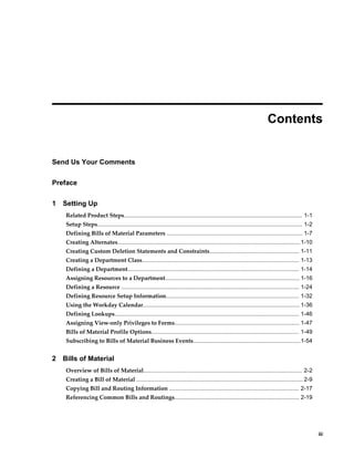     iii
 
Contents
Send Us Your Comments
Preface
1 Setting Up
Related Product Steps............................................................................................................... 1-1
Setup Steps................................................................................................................................ 1-2
Defining Bills of Material Parameters ..................................................................................... 1-7
Creating Alternates..................................................................................................................1-10
Creating Custom Deletion Statements and Constraints........................................................ 1-11
Creating a Department Class.................................................................................................. 1-13
Defining a Department........................................................................................................... 1-14
Assigning Resources to a Department.................................................................................... 1-16
Defining a Resource ............................................................................................................... 1-24
Defining Resource Setup Information................................................................................... 1-32
Using the Workday Calendar..................................................................................................1-36
Defining Lookups................................................................................................................... 1-46
Assigning View-only Privileges to Forms.............................................................................. 1-47
Bills of Material Profile Options............................................................................................ 1-49
Subscribing to Bills of Material Business Events...................................................................1-54
2 Bills of Material
Overview of Bills of Material................................................................................................... 2-2
Creating a Bill of Material ........................................................................................................ 2-9
Copying Bill and Routing Information ................................................................................. 2-17
Referencing Common Bills and Routings.............................................................................. 2-19
 