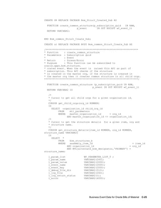 Business Event Data for Oracle Bills of Material    C-25
CREATE OR REPLACE PACKAGE Bom_Struct_Created_Sub AS
FUNCTION create_common_structure(p_subscription_guid IN RAW,
p_event IN OUT NOCOPY wf_event_t)
RETURN VARCHAR2;
END Bom_common_Struct_Create_Sub;
CREATE or REPLACE PACKAGE BODY Bom_common_Struct_Create_Sub AS
/*****************************************************************
* Function : create_common_structure
* Parameters : Subscription guid
* : Event
* Return : Sucess/Error
* Purpose : This function can be subscribed to
oracle.apps.bom.structure.
* crated event. When the event is raised this API as part of
* subscription. This API checks if the structure
* is created in the master org, if the structure is created in
* the master org then it creates common structure in all child orgs.
******************************************************************/
FUNCTION create_common_structure (p_subscription_guid IN RAW,
p_event IN OUT NOCOPY wf_event_t)
RETURN VARCHAR2 IS
/*
* Cursor to get all child orgs for a given organization id.
*/
CURSOR get_child_orgs(org_id NUMBER)
IS
SELECT organization_id child_org_id
FROM mtl_parameters
WHERE master_organization_id = org_id
AND master_organization_id <> organization_id;
/*
* Cursor to get the structure details for a given item, org and
* structure name.
*/
CURSOR get_structure_details(item_id NUMBER, org_id NUMBER,
structure_name VARCHAR2)
IS
SELECT *
FROM bom_structures_b
WHERE assembly_item_id = item_id
AND organization_id = org_id
AND NVL(alternate_bom_designator,'PRIMARY') =
structure_name;
l_param_list WF_PARAMETER_LIST_T ;
l_param_name VARCHAR2(240);
l_param_value VARCHAR2(2000);
l_event_name VARCHAR2(2000);
l_event_key VARCHAR2(2000);
l_debug_file_dir VARCHAR2(512);
l_log_file VARCHAR2(240);
l_log_return_status VARCHAR2(1);
l_error VARCHAR2(4000);
 