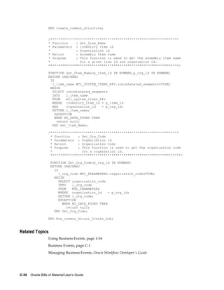 C-30    Oracle Bills of Material User's Guide
END create_common_structure;
/*****************************************************************
* Function : Get_Item_Name
* Parameters : Inventory item id
* : Organization id
* Return : Assembly Item name
* Purpose : This function is used to get the assembly item name
* for a given item id and organzation id.
******************************************************************/
FUNCTION Get_Item_Name(p_item_id IN NUMBER,p_org_id IN NUMBER)
RETURN VARCHAR2
IS
l_item_name MTL_SYSTEM_ITEMS_KFV.concatenated_segments%TYPE;
BEGIN
SELECT concatenated_segments
INTO l_item_name
FROM mtl_system_items_kfv
WHERE inventory_item_id = p_item_id
AND organization_id = p_org_id;
RETURN l_item_name;
EXCEPTION
WHEN NO_DATA_FOUND THEN
return null;
END Get_Item_Name;
/*****************************************************************
* Function : Get_Org_Code
* Parameters : Organization id
* Return : Organization Code
* Purpose : This function is used to get the organization code
* for a organzation id.
******************************************************************/
FUNCTION Get_Org_Code(p_org_id IN NUMBER)
RETURN VARCHAR2
IS
l_org_code MTL_PARAMETERS.organization_code%TYPE;
BEGIN
SELECT organization_code
INTO l_org_code
FROM MTL_PARAMETERS
WHERE organization_id = p_org_id;
RETURN l_org_code;
EXCEPTION
WHEN NO_DATA_FOUND THEN
return null;
END Get_Org_Code;
END Bom_common_Struct_Create_Sub;
Related Topics
Using Business Events, page 1-54
Business Events, page C-1
Managing Business Events, Oracle Workflow Developer's Guide
 