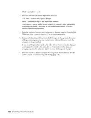 1-22    Oracle Bills of Material User's Guide
Oracle Capacity User's Guide.
3. Select the action to take for the department resource:
Add: Adds a workday and capacity changes.
Delete: Deletes a workday for this department resource.
Add or Reduce Capacity: Add or reduce capacity for a resource shift. The capacity
change can fall outside a shift time, so you can add time to a shift. To reduce
capacity, enter negative numbers.
4. Enter the number of resource units to increase or decrease capacity (if applicable).
Make sure to use a negative number if you are reducing capacity.
5. Enter an effective date and time from which the capacity change starts. If you are
adding or reducing capacity, you must also enter a date and time on which the
change is no longer in effect.
If you are adding a shift's workday, this is the date of the new workday. If you are
deleting a shift's workday, this is the date of the deleted workday. If you are
changing capacity, this is the first day the resource shift's capacity changes.
6. Select the reason for the resource capacity change from the list of values. See: To
define a reason for a resource capacity change, page 1-31.
 