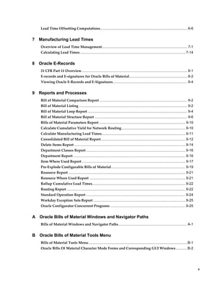     v
Lead Time Offsetting Computations........................................................................................ 6-6
7 Manufacturing Lead Times
Overview of Lead Time Management...................................................................................... 7-1
Calculating Lead Times...........................................................................................................7-14
8 Oracle E-Records
21 CFR Part 11 Overview........................................................................................................... 8-1
E-records and E-signatures for Oracle Bills of Material...........................................................8-2
Viewing Oracle E-Records and E-Signatures........................................................................... 8-4
9 Reports and Processes
Bill of Material Comparison Report ........................................................................................ 9-2
Bill of Material Listing ............................................................................................................. 9-2
Bill of Material Loop Report .................................................................................................... 9-4
Bill of Material Structure Report ............................................................................................. 9-6
Bills of Material Parameters Report ....................................................................................... 9-10
Calculate Cumulative Yield for Network Routing.................................................................9-10
Calculate Manufacturing Lead Times.....................................................................................9-11
Consolidated Bill of Material Report .....................................................................................9-12
Delete Items Report ................................................................................................................ 9-14
Department Classes Report .................................................................................................... 9-16
Department Report ................................................................................................................. 9-16
Item Where Used Report ........................................................................................................ 9-17
Pre-Explode Configurable Bills of Material........................................................................... 9-19
Resource Report ...................................................................................................................... 9-21
Resource Where Used Report .................................................................................................9-21
Rollup Cumulative Lead Times.............................................................................................. 9-22
Routing Report ....................................................................................................................... 9-22
Standard Operation Report .................................................................................................... 9-24
Workday Exception Sets Report .............................................................................................9-25
Oracle Configurator Concurrent Programs ............................................................................9-25
A Oracle Bills of Material Windows and Navigator Paths
Bills of Material Windows and Navigator Paths..................................................................... A-1
B Oracle Bills of Material Tools Menu
Bills of Material Tools Menu....................................................................................................B-1
Oracle Bills Of Material Character Mode Forms and Corresponding GUI Windows............B-2
 