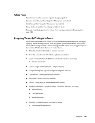 Setting Up    1-47
Related Topics
To define a reason for a resource capacity change, page 1-31
Resource Down Codes, Oracle Shop Floor Management User's Guide
Scrap Codes, Oracle Shop Floor Management User's Guide
Bonus Codes, Oracle Shop Floor Management User's Guide
To create a standard operation for a Shop Floor Management enabled organization,
page 3-22
Assigning View-only Privileges to Forms
The system administrator can choose to exclude certain responsibilities from adding or
updating information by function. Even though the system administrator excludes the
function from a responsibility's menu, the responsibility retains view-only privileges for
the function. The functions that can be excluded are:
• Bills of Material: Update (Bills of Material window)
• Workday Calendars: Update (Workday Calendar window)
• Delete Constraints: Update (Deletion Constraints window), including:
• Deletion Statements
• Delete Groups: Update (Deletion Groups window)
• Exception Templates: Update (Exception Templates window)
• Departments: Update (Departments window)
• Resources: Update (Resources window)
• Product Family: Update (Product Families window)
• Standard Operations: Update (Standard Operations window), including:
• Standard Event
• Line Operations
• Standard Process
• Routings: Update (Routings window), including:
• Engineering Flow Routings
 