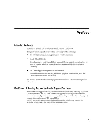     ix
 
Preface
Intended Audience
Welcome to Release 12.1 of the Oracle Bills of Material User's Guide.
This guide assumes you have a working knowledge of the following:
• The principles and customary practices of your business area.
• Oracle Bills of Material
If you have never used Oracle Bills of Material, Oracle suggests you attend one or
more of the Oracle Bills of Material training classes available through Oracle
University.
• The Oracle Applications graphical user interface.
To learn more about the Oracle Applications graphical user interface, read the
Oracle E-Business Suite User's Guide.
See Related Information Sources on page xi for more Oracle E-Business Suite product
information.
Deaf/Hard of Hearing Access to Oracle Support Services
To reach Oracle Support Services, use a telecommunications relay service (TRS) to call
Oracle Support at 1.800.223.1711. An Oracle Support Services engineer will handle
technical issues and provide customer support according to the Oracle service request
process. Information about TRS is available at
http://www.fcc.gov/cgb/consumerfacts/trs.html, and a list of phone numbers is
available at http://www.fcc.gov/cgb/dro/trsphonebk.html.
 