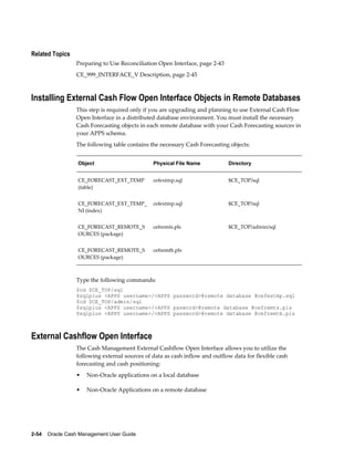 Related Topics
                 Preparing to Use Reconciliation Open Interface, page 2-43
                 CE_999_INTERFACE_V Description, page 2-45



Installing External Cash Flow Open Interface Objects in Remote Databases
                 This step is required only if you are upgrading and planning to use External Cash Flow
                 Open Interface in a distributed database environment. You must install the necessary
                 Cash Forecasting objects in each remote database with your Cash Forecasting sources in
                 your APPS schema.
                 The following table contains the necessary Cash Forecasting objects:


                  Object                       Physical File Name            Directory


                  CE_FORECAST_EXT_TEMP         cefextmp.sql                  $CE_TOP/sql
                  (table)


                  CE_FORECAST_EXT_TEMP_        cefextmp.sql                  $CE_TOP/sql
                  NI (index)


                  CE_FORECAST_REMOTE_S         cefremts.pls                  $CE_TOP/admin/sql
                  OURCES (package)


                  CE_FORECAST_REMOTE_S         cefremtb.pls
                  OURCES (package)



                 Type the following commands:
                 $cd $CE_TOP/sql
                 $sqlplus <APPS username>/<APPS password>@remote database @cefextmp.sql
                 $cd $CE_TOP/admin/sql
                 $sqlplus <APPS username>/<APPS pasword>@remote database @cefremts.pls
                 $sqlplus <APPS username>/<APPS password>@remote database @cefremtb.pls



External Cashflow Open Interface
                 The Cash Management External Cashflow Open Interface allows you to utilize the
                 following external sources of data as cash inflow and outflow data for flexible cash
                 forecasting and cash positioning:
                 •   Non-Oracle applications on a local database

                 •   Non-Oracle Applications on a remote database




2-54    Oracle Cash Management User Guide
 