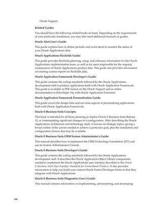 Oracle Support.

      Related Guides
      You should have the following related books on hand. Depending on the requirements
      of your particular installation, you may also need additional manuals or guides.
      Oracle Alert User's Guide:
      This guide explains how to define periodic and event alerts to monitor the status of
      your Oracle Applications data.
      Oracle Applications Flexfields Guide:
      This guide provides flexfields planning, setup, and reference information for the Oracle
      Applications implementation team, as well as for users responsible for the ongoing
      maintenance of Oracle Applications product data. This guide also provides information
      on creating custom reports on flexfields data.
      Oracle Application Framework Developer's Guide:
      This guide contains the coding standards followed by the Oracle Applications
      development staff to produce applications built with Oracle Application Framework.
      This guide is available in PDF format on My Oracle Support and as online
      documentation in JDeveloper 10g with Oracle Application Extension.
      Oracle Application Framework Personalization Guide:
      This guide covers the design-time and run-time aspects of personalizing applications
      built with Oracle Application Framework.
      Oracle E-Business Suite Concepts:
      This book is intended for all those planning to deploy Oracle E-Business Suite Release
      12, or contemplating significant changes to a configuration. After describing the Oracle
      Applications architecture and technology stack, it focuses on strategic topics, giving a
      broad outline of the actions needed to achieve a particular goal, plus the installation and
      configuration choices that may be available.
      Oracle E-Business Suite CRM System Administrator's Guide:
      This manual describes how to implement the CRM Technology Foundation (JTT) and
      use its System Administrator Console.
      Oracle E-Business Suite Developer's Guide:
      This guide contains the coding standards followed by the Oracle Applications
      development staff. It describes the Oracle Application Object Library components
      needed to implement the Oracle Applications user interface described in the Oracle
      E-Business Suite User Interface Standards for Forms-Based Products. It also provides
      information to help you build your custom Oracle Forms Developer forms so that they
      integrate with Oracle Applications.
      Oracle E-Business Suite Diagnostics User's Guide:
      This manual contains information on implementing, administering, and developing




xvi
 