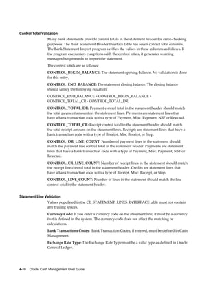 Control Total Validation
                 Many bank statements provide control totals in the statement header for error-checking
                 purposes. The Bank Statement Header Interface table has seven control total columns.
                 The Bank Statement Import program verifies the values in these columns as follows. If
                 the program encounters exceptions with the control totals, it generates warning
                 messages but proceeds to import the statement.
                 The control totals are as follows:
                 CONTROL_BEGIN_BALANCE: The statement opening balance. No validation is done
                 for this entry.
                 CONTROL_END_BALANCE: The statement closing balance. The closing balance
                 should satisfy the following equation:
                 CONTROL_END_BALANCE = CONTROL_BEGIN_BALANCE +
                 CONTROL_TOTAL_CR - CONTROL_TOTAL_DR.
                 CONTROL_TOTAL_DR: Payment control total in the statement header should match
                 the total payment amount on the statement lines. Payments are statement lines that
                 have a bank transaction code with a type of Payment, Misc. Payment, NSF or Rejected.
                 CONTROL_TOTAL_CR: Receipt control total in the statement header should match
                 the total receipt amount on the statement lines. Receipts are statement lines that have a
                 bank transaction code with a type of Receipt, Misc Receipt, or Stop.
                 CONTROL_DR_LINE_COUNT: Number of payment lines in the statement should
                 match the payment line control total in the statement header. Payments are statement
                 lines that have a bank transaction code with a type of Payment, Misc. Payment, NSF or
                 Rejected.
                 CONTROL_CR_LINE_COUNT: Number of receipt lines in the statement should match
                 the receipt line control total in the statement header. Credits are statement lines that
                 have a bank transaction code with a type of Receipt, Misc. Receipt, or Stop.
                 CONTROL_LINE_COUNT: Number of lines in the statement should match the line
                 control total in the statement header.


Statement Line Validation
                 Values populated in the CE_STATEMENT_LINES_INTERFACE table must not contain
                 any trailing spaces.
                 Currency Code: If you enter a currency code on the statement line, it must be a currency
                 that is defined in the system. The currency code does not affect the matching or
                 calculations.
                 Bank Transactions Codes: Bank Transaction Codes, if entered, must be defined in Cash
                 Management.
                 Exchange Rate Type: The Exchange Rate Type must be a valid type as defined in Oracle
                 General Ledger.




4-18    Oracle Cash Management User Guide
 