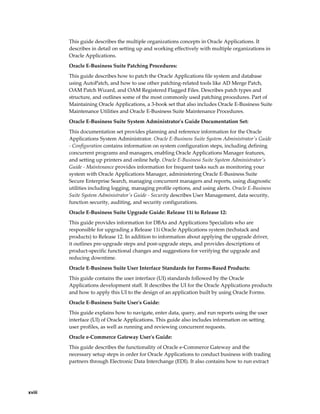 This guide describes the multiple organizations concepts in Oracle Applications. It
        describes in detail on setting up and working effectively with multiple organizations in
        Oracle Applications.
        Oracle E-Business Suite Patching Procedures:
        This guide describes how to patch the Oracle Applications file system and database
        using AutoPatch, and how to use other patching-related tools like AD Merge Patch,
        OAM Patch Wizard, and OAM Registered Flagged Files. Describes patch types and
        structure, and outlines some of the most commonly used patching procedures. Part of
        Maintaining Oracle Applications, a 3-book set that also includes Oracle E-Business Suite
        Maintenance Utilities and Oracle E-Business Suite Maintenance Procedures.
        Oracle E-Business Suite System Administrator's Guide Documentation Set:
        This documentation set provides planning and reference information for the Oracle
        Applications System Administrator. Oracle E-Business Suite System Administrator's Guide
        - Configuration contains information on system configuration steps, including defining
        concurrent programs and managers, enabling Oracle Applications Manager features,
        and setting up printers and online help. Oracle E-Business Suite System Administrator's
        Guide - Maintenance provides information for frequent tasks such as monitoring your
        system with Oracle Applications Manager, administering Oracle E-Business Suite
        Secure Enterprise Search, managing concurrent managers and reports, using diagnostic
        utilities including logging, managing profile options, and using alerts. Oracle E-Business
        Suite System Administrator's Guide - Security describes User Management, data security,
        function security, auditing, and security configurations.
        Oracle E-Business Suite Upgrade Guide: Release 11i to Release 12:
        This guide provides information for DBAs and Applications Specialists who are
        responsible for upgrading a Release 11i Oracle Applications system (techstack and
        products) to Release 12. In addition to information about applying the upgrade driver,
        it outlines pre-upgrade steps and post-upgrade steps, and provides descriptions of
        product-specific functional changes and suggestions for verifying the upgrade and
        reducing downtime.
        Oracle E-Business Suite User Interface Standards for Forms-Based Products:
        This guide contains the user interface (UI) standards followed by the Oracle
        Applications development staff. It describes the UI for the Oracle Applications products
        and how to apply this UI to the design of an application built by using Oracle Forms.
        Oracle E-Business Suite User's Guide:
        This guide explains how to navigate, enter data, query, and run reports using the user
        interface (UI) of Oracle Applications. This guide also includes information on setting
        user profiles, as well as running and reviewing concurrent requests.
        Oracle e-Commerce Gateway User's Guide:
        This guide describes the functionality of Oracle e-Commerce Gateway and the
        necessary setup steps in order for Oracle Applications to conduct business with trading
        partners through Electronic Data Interchange (EDI). It also contains how to run extract




xviii
 