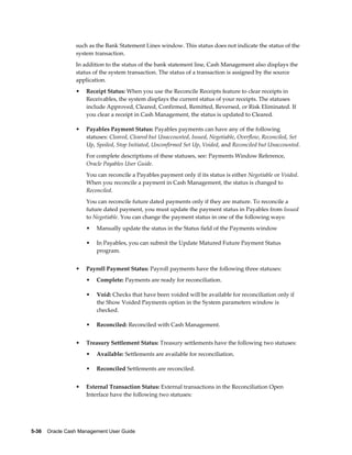 such as the Bank Statement Lines window. This status does not indicate the status of the
                 system transaction.
                 In addition to the status of the bank statement line, Cash Management also displays the
                 status of the system transaction. The status of a transaction is assigned by the source
                 application.
                 •   Receipt Status: When you use the Reconcile Receipts feature to clear receipts in
                     Receivables, the system displays the current status of your receipts. The statuses
                     include Approved, Cleared, Confirmed, Remitted, Reversed, or Risk Eliminated. If
                     you clear a receipt in Cash Management, the status is updated to Cleared.

                 •   Payables Payment Status: Payables payments can have any of the following
                     statuses: Cleared, Cleared but Unaccounted, Issued, Negotiable, Overflow, Reconciled, Set
                     Up, Spoiled, Stop Initiated, Unconfirmed Set Up, Voided, and Reconciled but Unaccounted.
                     For complete descriptions of these statuses, see: Payments Window Reference,
                     Oracle Payables User Guide.
                     You can reconcile a Payables payment only if its status is either Negotiable or Voided.
                     When you reconcile a payment in Cash Management, the status is changed to
                     Reconciled.
                     You can reconcile future dated payments only if they are mature. To reconcile a
                     future dated payment, you must update the payment status in Payables from Issued
                     to Negotiable. You can change the payment status in one of the following ways:
                     •   Manually update the status in the Status field of the Payments window

                     •   In Payables, you can submit the Update Matured Future Payment Status
                         program.


                 •   Payroll Payment Status: Payroll payments have the following three statuses:
                     •   Complete: Payments are ready for reconciliation.

                     •   Void: Checks that have been voided will be available for reconciliation only if
                         the Show Voided Payments option in the System parameters window is
                         checked.

                     •   Reconciled: Reconciled with Cash Management.


                 •   Treasury Settlement Status: Treasury settlements have the following two statuses:
                     •   Available: Settlements are available for reconciliation.

                     •   Reconciled Settlements are reconciled.


                 •   External Transaction Status: External transactions in the Reconciliation Open
                     Interface have the following two statuses:




5-36    Oracle Cash Management User Guide
 