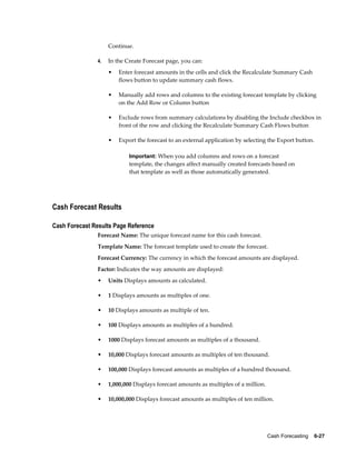 Continue.

                4.   In the Create Forecast page, you can:
                     •   Enter forecast amounts in the cells and click the Recalculate Summary Cash
                         flows button to update summary cash flows.

                     •   Manually add rows and columns to the existing forecast template by clicking
                         on the Add Row or Column button

                     •   Exclude rows from summary calculations by disabling the Include checkbox in
                         front of the row and clicking the Recalculate Summary Cash Flows button

                     •   Export the forecast to an external application by selecting the Export button.

                             Important: When you add columns and rows on a forecast
                             template, the changes affect manually created forecasts based on
                             that template as well as those automatically generated.




Cash Forecast Results

Cash Forecast Results Page Reference
                Forecast Name: The unique forecast name for this cash forecast.
                Template Name: The forecast template used to create the forecast.
                Forecast Currency: The currency in which the forecast amounts are displayed.
                Factor: Indicates the way amounts are displayed:
                •    Units Displays amounts as calculated.

                •    1 Displays amounts as multiples of one.

                •    10 Displays amounts as multiple of ten.

                •    100 Displays amounts as multiples of a hundred.

                •    1000 Displays forecast amounts as multiples of a thousand.

                •    10,000 Displays forecast amounts as multiples of ten thousand.

                •    100,000 Displays forecast amounts as multiples of a hundred thousand.

                •    1,000,000 Displays forecast amounts as multiples of a million.

                •    10,000,000 Displays forecast amounts as multiples of ten million.




                                                                                      Cash Forecasting    6-27
 