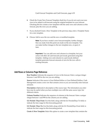 Cash Forecast Templates and Cash Forecasts, page 6-39



            6.   Check the Create New Forecast Template check box if you do not want your new
                 rows to be added to all forecasts using the original template for your forecast.
                 Checking this box creates a new template with the same rows and columns as this
                 forecast, plus the rows you are adding.

            7.   If you checked Create a New Template in the previous step, enter a Template Name
                 for a new template.

            8.   Choose Add to save the row and the new or modified template.

                        Note: If you have created a new forecast template, further changes
                        that you make from this point are made on the new template. You
                        can make further changes to the new template now, or query it
                        later.


                        Important: You can add rows and columns in a template, but your
                        action will affect all cash forecasts previously generated using that
                        template. Adding rows and columns to a previously-defined
                        template generates forecast amounts of zero for the new cells in
                        existing forecasts.




Add Rows or Columns Page Reference
            Row Number: Indicates the sequence of rows in the forecast. Enter a unique integer
            between 1 and 999 for the row you are adding.
            Source: Indicates if the source is User-Defined Inflow or User-Defined Outflow. Cash
            Management creates a new row that contains zeros so you can manually enter forecast
            amounts.
            Description: (Optional) A description of the source type. The information you enter
            here may be useful when you have multiple rows with the same source type, but
            different criteria.
            Column Number: Indicates the sequence of columns in the forecast. Enter a unique
            integer between 1 and 999 for the column you are adding.
            GL Periods / Days From: Use this field, along with the GL Periods/Days To field, to
            indicate the time range for this forecasting period.
            GL Periods / Days To: Use this field, along with the GL Periods/Days From field, to
            indicate the time range for this forecasting period.
            Create A New Template: Select this option to create a new template that contains the




                                                                               Cash Forecasting    6-43
 